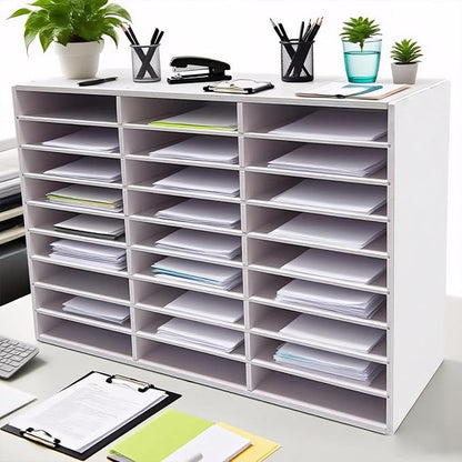 Literature Organizer - 27-Slot Desktop File Sorter Mail Center, Paper Storage Cabinet & Classroom Mailbox for Home, School & Office