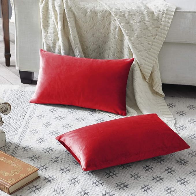 GIGIZAZA Red Velvet 12x20 Decorative Throw Pillow Covers for Sofa Bed 2 Pack Soft Cushion Cover