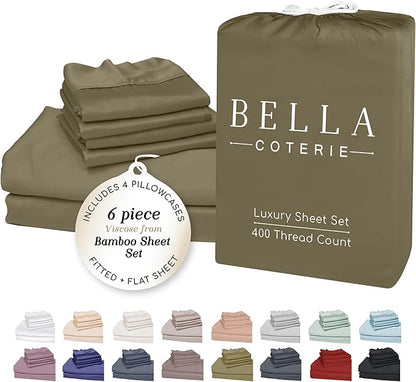 Bella Coterie 6 Piece Luxury Bamboo Viscose King Size Sheet Set | 100% Organically Grown | Cooling for Hot Sleepers | 18" Deep Pocket | Soft & Hypoallergenic | 4 Pillowcases [Olive]
