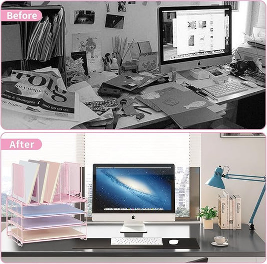 Desk Organizers and Accessories, 3-Tier Paper Organizer with 5 Vertical File Holders, File Organizer for Desk (Pink, 3T)
