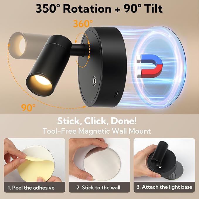 4 Pack Spotlights Indoor with Remote, Rechargeable Picture Lights, Wireless LED Uplighting with Dimmable 3CCT Modes, Display Lights for Artwork, Plant, Painting, and Accent Lighting, Black
