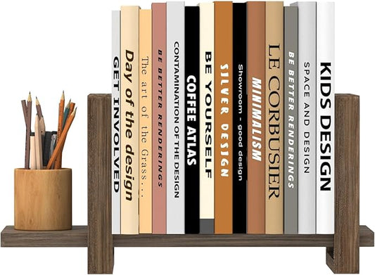 Adjustable Desktop Bookshelf Wooden Desk Book Holder Organizer Tabletop Bookshelf Mini Book Shelf Magazine Files Letters Storage Racks for Home Office Supplies, Great for Small Space, Dark Brown