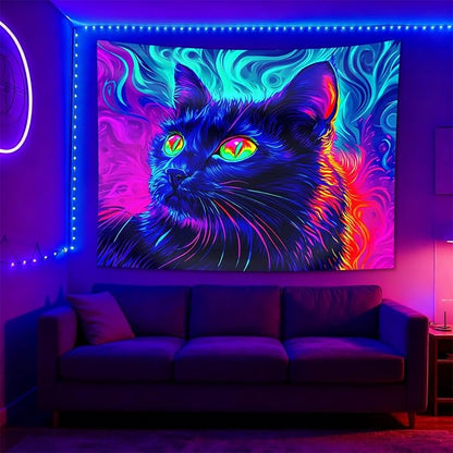 seewan Black Light Black Cat Tapestry, UV-reactive neon black cat with glowing green eyes, psychedelic abstract animal art tapestry, bedroom/dorm/living room backdrop decoration