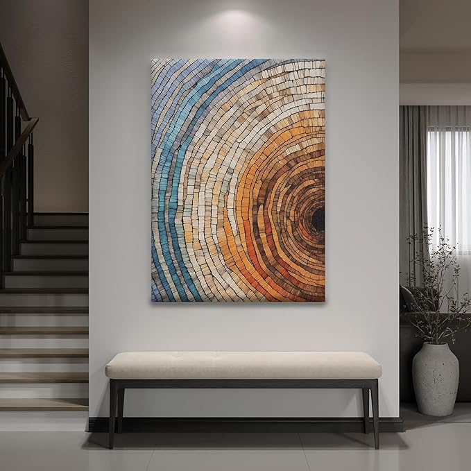 IBHJSART Framed Tree Ring Canvas Wall Art Vintage Colorful Wood Stump Painting Prints Modern Minimalist Pictures Neutral Nature Rustic Farmhouse Decor Living Room Bedroom Bathroom Office