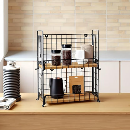 TIEYIPIN 2-Tier Stackable Metal Wire Hanging Baskets, Fruit Basket,Snack Station for Countertop, Coffee Bar Storage Organizer with Detachable Wooden Base, Rustic Farmhouse Counter Shelf - Black
