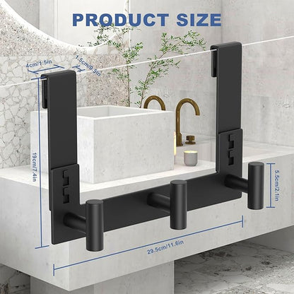 PMMASTO No-Drill Extra Long Shower Hooks, Fits 3/8" Thick Door, Heavy Duty Stainless Steel Towel Hooks for Frameless Glass Shower Door, Holds Bathrobe Towel (Black, 3 T-Hooks)