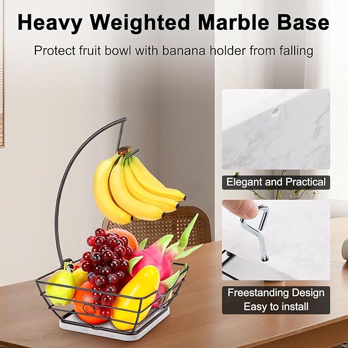 Livabber Countertop Fruit Basket Bowl with Banana Hanger, Modern Standing Fruit Vegetable Bowl Storage, with Banana Tree Holder for Kitchen Dinning Table (Square Marble, Black)