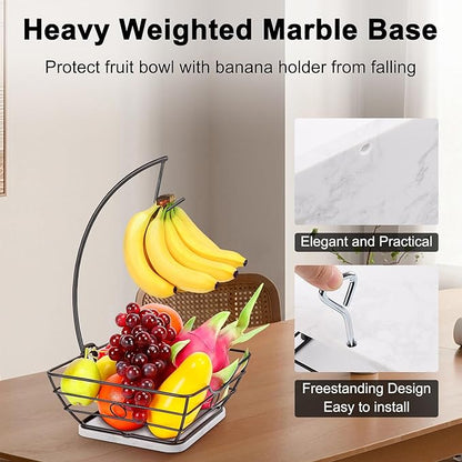 Livabber Countertop Fruit Basket Bowl with Banana Hanger, Modern Standing Fruit Vegetable Bowl Storage, with Banana Tree Holder for Kitchen Dinning Table (Square Marble, Black)