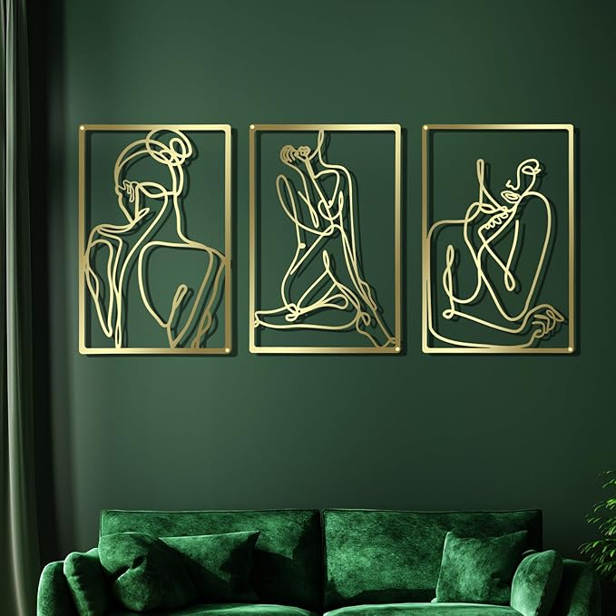 CHENGU 3 Pieces Gold Wall Decor Minimalist Wall Art Metal Line Wall Art Wall Decor for Bedroom Single Line Female for Kitchen Bathroom Living Room(Bright Style)