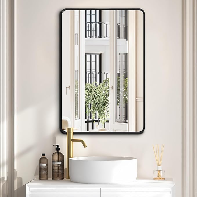 Bathroom Mirrors for Over Sink,1Pcs 24x32Inch Vanity Mirrors for Wall,Black Metal Frame Rectangle Mirrors for Bathroom Farmhouse Restroom,Hangs Horizontally or Vertically