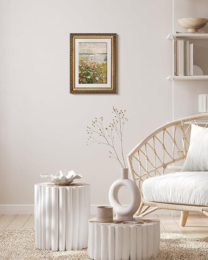 InSimSea Gold Framed Canvas Wall Art Room Decor Vintage Wildflower Field Landscape Decor Classical Floral Oil Painting Canvas Prints Coastal Flower Wall Decor for Living Room Bathroom Bedroom 11x14in