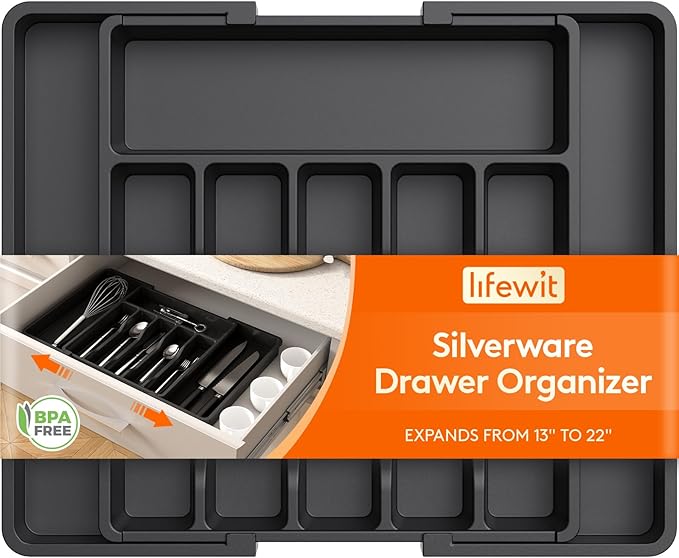 Lifewit Large Silverware Drawer Organizer, Expandable Utensil Tray for Kitchen, BPA Free Flatware and Cutlery Holder, Adjustable Plastic Storage for Spoons Forks Knives, Large, Black