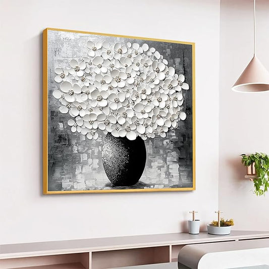 Glethua Flower Canvas Wall Decor, Abstract Floral Painting Print, White Blooming Flowers in Vase Picture Art, Modern Minimalist Still Life Artwork for Living Room Bathroom Bedroom Office (Gold Framed, 40 x 40 in | 102 x 102cm)