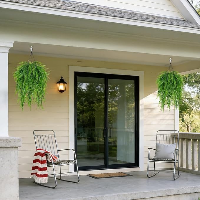 Fake Hanging Plant Outdoor Artificial Boston Fern Hanging Baskets 2 Set Fake Ferns Hanging Plants Artificial Decor 23.6" Artificial Ferns for Outdoors Front Porch Patio Garden Home Decor