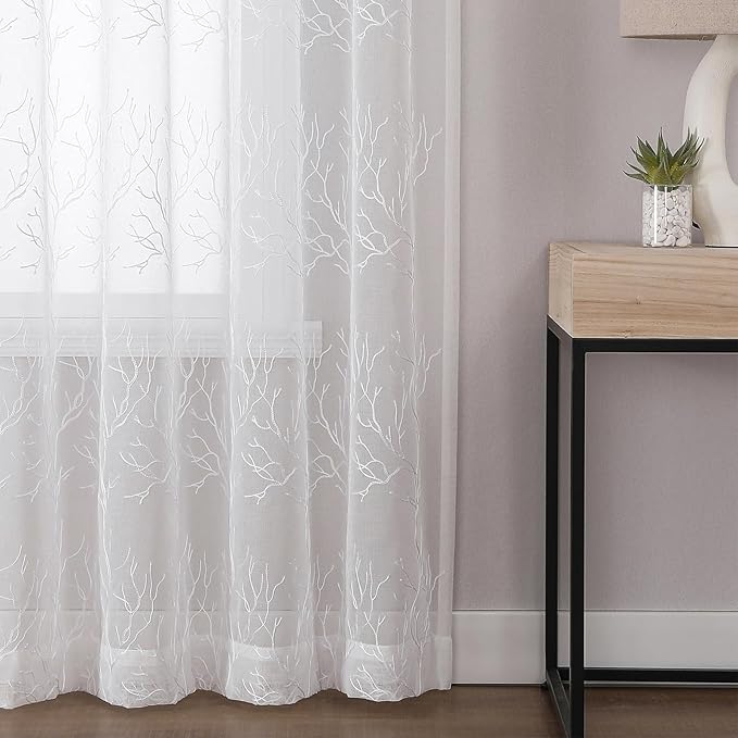 VISIONTEX Sheer Curtains 108 inch Length 2 Panels Set Decorative White Coral Embroidery Rod Pocket Embroidered Semi Sheer Window Drapes for Living Room and Bedroom 54 x 108 Inches