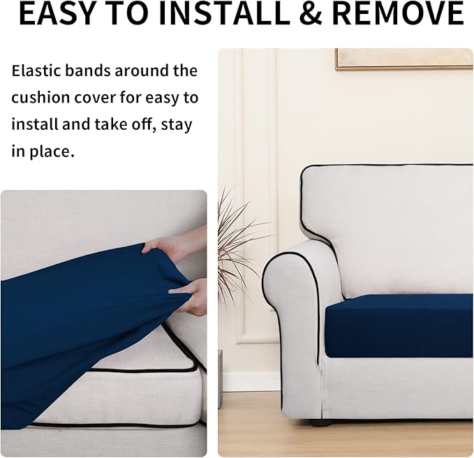 Easy-Going 100% Waterproof Chair Sofa Seat Cushion Slipcovers Couch Cushion Cover Stretch Furniture Protector for Kids, Pets (2-Piece Loveseat Cushion, Navy)