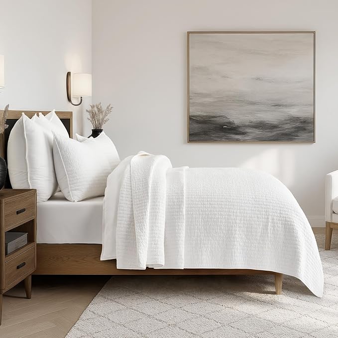 EVERGRACEHOME Cross Stitch Pre-Washed Cotton Quilt Bedding Set King Size, Oversized 3 Pieces Lightweight Bedspread Coverlet for All Season, with 2 Matching Shams, Bright White,118"x106"