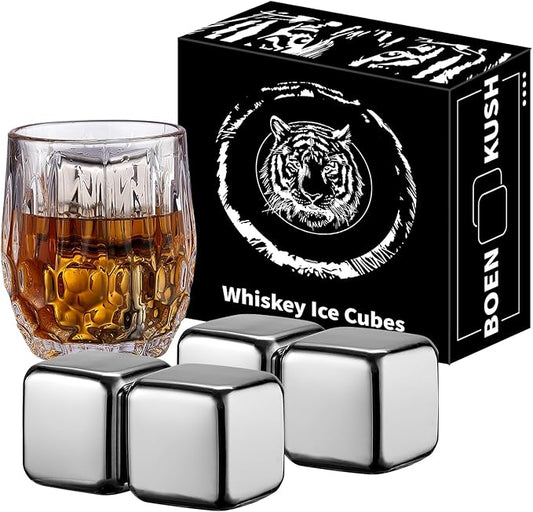 4 Large Whiskey Stones 64 cm³ (4 cu in) - Man Gift Set - Reusable Stainless Steel Metal Ice Sphere Cubes Beverage Chilling Rocks Whiskey Stones for Red Wine, Bar Beer, Scotch, Vodka Drinks - Silver