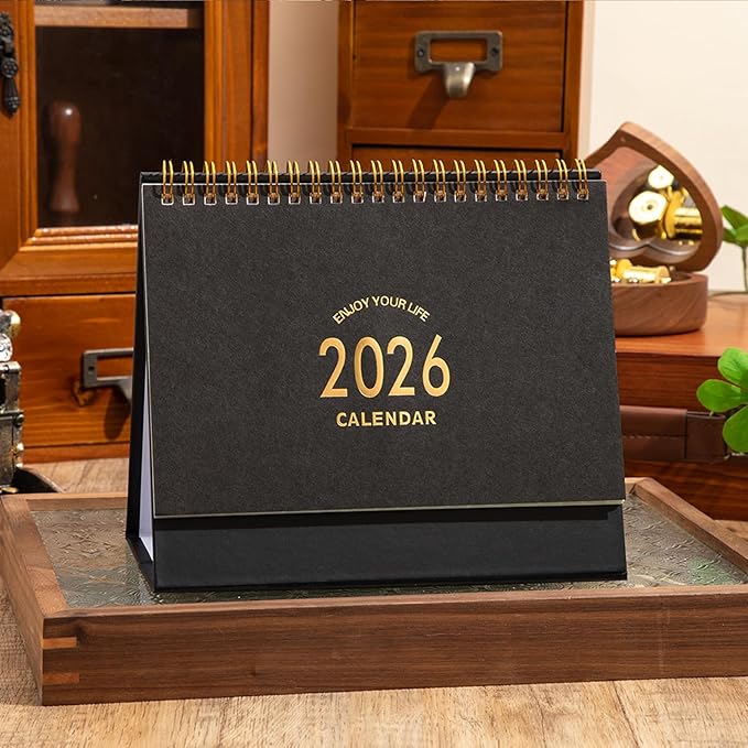 Small Desk Calendar 2025-2026, Use Now to Dec 2026, Standing Flip Desk Calendar with To-do List & Notes, Metal Ring Twin-Wire Binding with Stickers, Monthly Desktop Calendar for Home Office (Black)