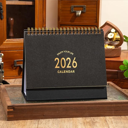 Small Desk Calendar 2025-2026, Use Now to Dec 2026, Standing Flip Desk Calendar with To-do List & Notes, Metal Ring Twin-Wire Binding with Stickers, Monthly Desktop Calendar for Home Office (Black)
