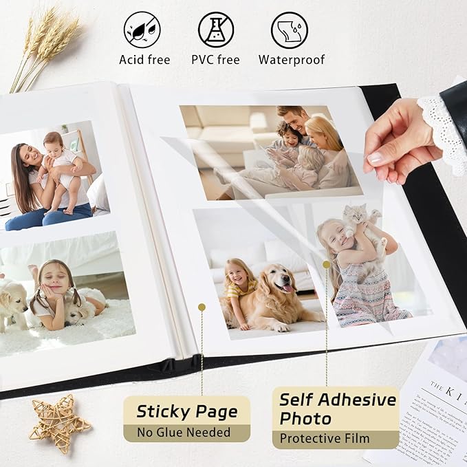RECUTMS DIY 60 Pages Leather Cover Scrapbook Photo Album 4x6 5x7 8x10 Self Adhesive Photo Album Holds Photos of Any Size Baby Family Wedding Anniversary Albums(Light Pink)