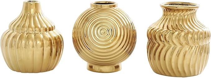 Deco 79 Ceramic Abstract Decorative Vase Small Textured Centerpiece Vases with Varying Shapes and Patterns, Set of 3 Flower Vases for Home Decoration 5" W, 6" H, Gold
