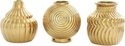 Deco 79 Ceramic Abstract Decorative Vase Small Textured Centerpiece Vases with Varying Shapes and Patterns, Set of 3 Flower Vases for Home Decoration 5" W, 6" H, Gold