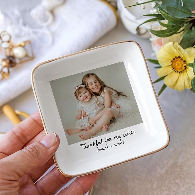 Personalized Photo Sister Jewelry Dish, Thankful for My Sister Appreciation Trinket Dish Unique Keepsake Gift for Sisters Bestie Best Friend Women Siblings Soul Sister Christmas Birthday