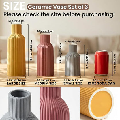 Ceramic Vase Set of 3, Modern Ribbed Boho Vases for Home Decor, Assorted Sizes Decorative Flower Vases for Pampas Grass, Dried Flowers,Shelf, Table Centerpiece