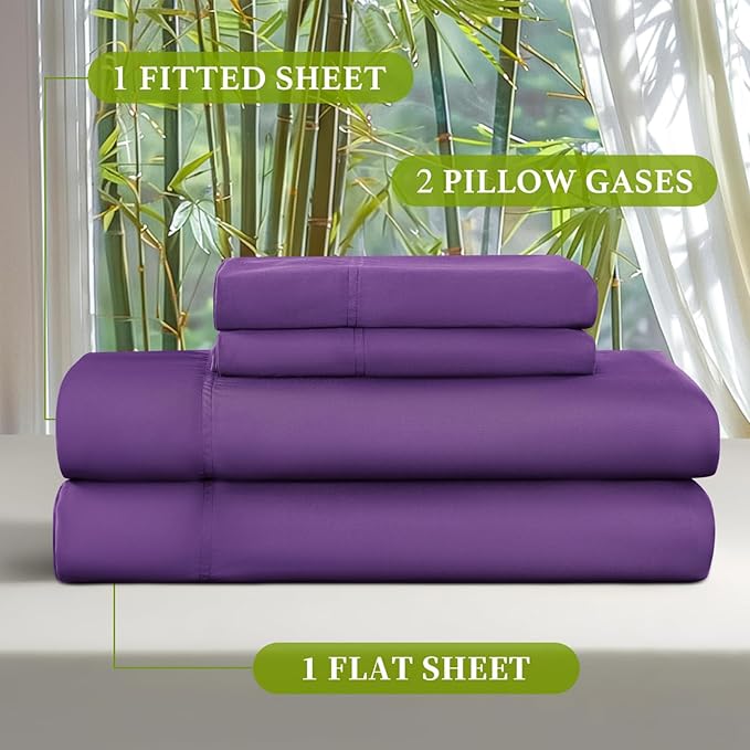 Shilucheng 100% Viscose Derived from Bamboo Queen Size 4pcs Ultra Cooling & Silky Soft Bed Sheets, 16" Deep Pocket, Perfect for Hot Sleepers, Hotel Bedding Sheets (Purple)
