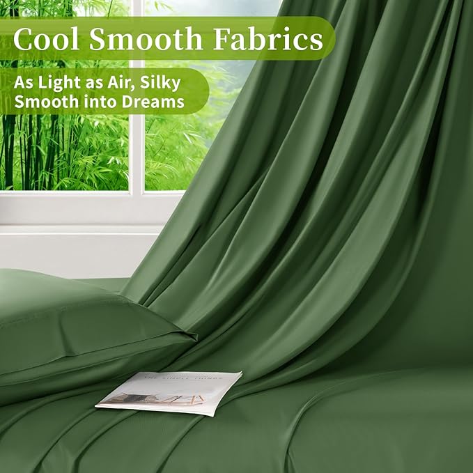 Shilucheng 100% Viscose Derived from Bamboo_ Sheets Queen Size 6pcs - Ultra Cooling & Silky Soft Bed Sheets, 16" Deep Pocket, Perfect for Hot Sleepers, Hotel Bedding Sheets (Olive)