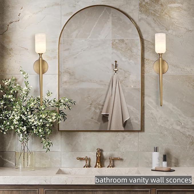 Alabaster Wall Sconce 22in Antique Brass Sconces Wall Lighting, Imported in Spain Natural Alabaster, Bathroom Sconce Gold Sconces Wall Decor, For Living Room dining room Hallway Bedside Staircase