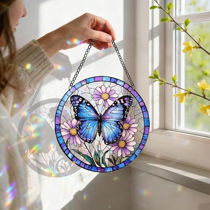 8 Inchacrylic Window Hanging, Forget Me Not Flower Stained Glass Suncatcher, Window Decor, Plant Lover Gift for Women, Best Friend, Family, Colleague, Classmate (232)