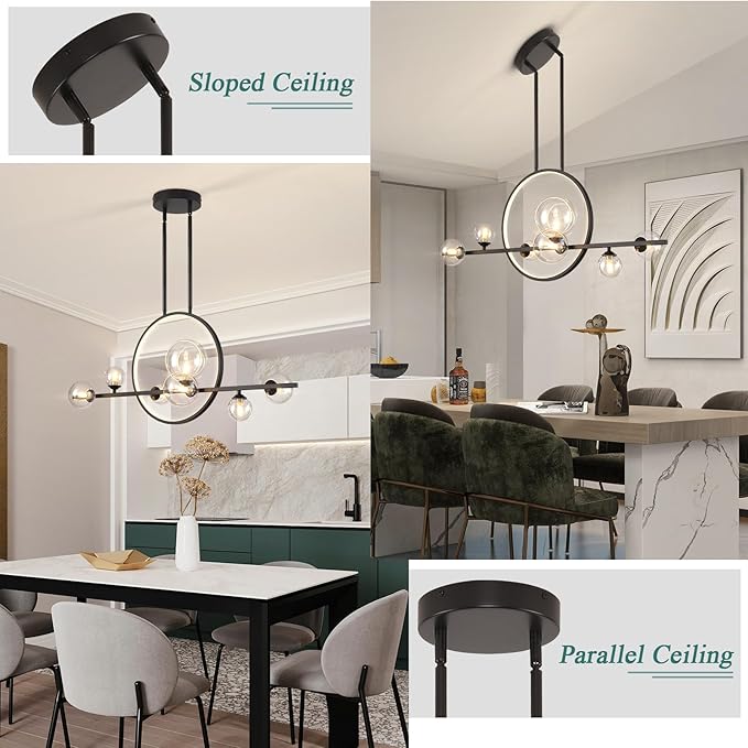 Modern 7 Light Dining Room Chandelier,37.4" Black Dimmable Linear Pendant Lights with Globe Glass Shade,Minimalist Island Light for Dining Room, Office, Kitchen