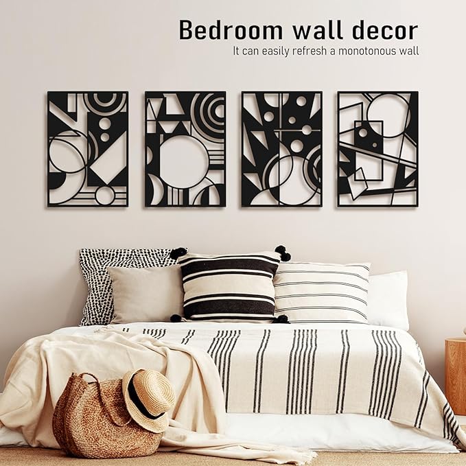 Bakovity Black Abstract Wall Art, Metal Art Wall Decor, Large Geometry Art, Modern 3D Abstract Wall Sculptures for Bedroom Bathroom Living Room (4 Pack, 16 x 11 in)