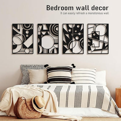 Bakovity Black Abstract Wall Art, Metal Art Wall Decor, Large Geometry Art, Modern 3D Abstract Wall Sculptures for Bedroom Bathroom Living Room (4 Pack, 16 x 11 in)