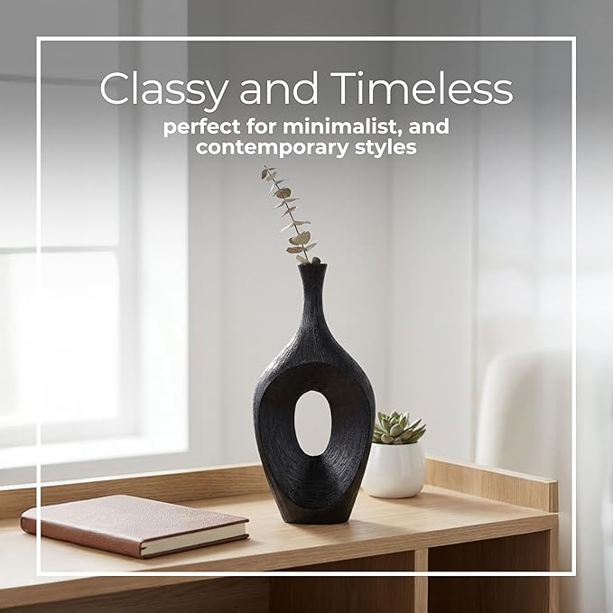 Decorative Flower Vase for Home Decor – Tall Ceramic Vase with Open Cut Design, Stylish Table Centerpiece for Living Room or Entry Display, Modern Accent for Faux Flowers and Greenery – 19", Black