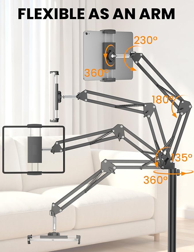 Tablet Floor Stand, 360-Degree Rotatable Metal Tablet Holder Stand, Adjustable Height and Angle iPad Stand,Universal Tablet Holder for iPad/Phone/Kindle/Tabs/E-Readers and all 4.7~12.9” Screen Devices