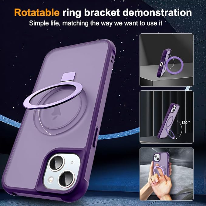 Compatible with iPhone 13 Case & iPhone 14 Case with Invisible Magnetic O-Ring Stand Translucent Phone Cases for 13 & 14 6.1" [Compatible with Mag-Safe][Great Grip Feeling], Purple