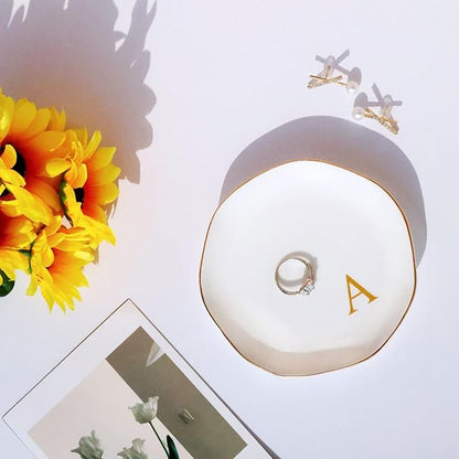 Ceramic Jewelry Tray Initial Ring Dish Personalized A-Monogrammed Engagement Wedding Gifts, for Birthday Mother's Day Christmas for Women, Ceramic White 4.75" (A)