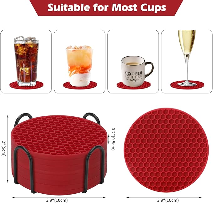 Silicone Coaster Set of 8 with Holder, Drinks Coasters, Beer & Coffee, Hot or Cold, Anti-Slip, Non-Stick, Anti-Overflow Tabletop Protection and Decor (8 Pcs, Wine Red)