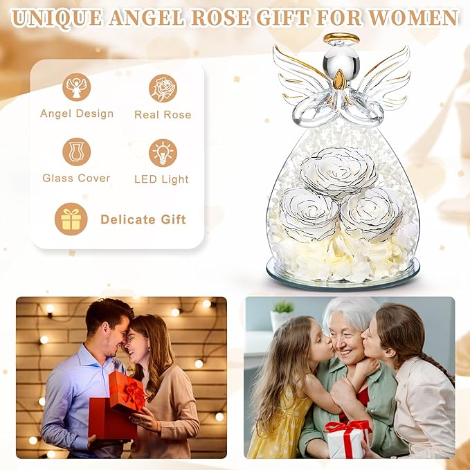 Beferr Valentines Day Rose Gifts for Her Women Mom Gifts for Birthday, Fresh Flowers for Delivery Prime Forever Preserved Rose in Glass Angel Figurine, for Grandma Wife Kids Daughter
