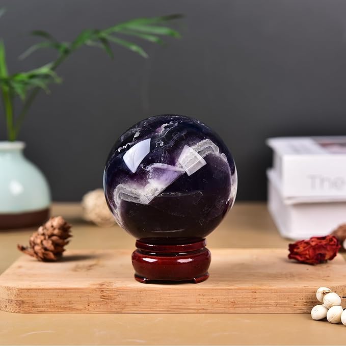 JIC Gem Colorful Fluorite Crystal Ball with Wooden Stand Healing Crystal Sphere Ball for Feng Shui Decor Spiritual Gifts 70-80mm
