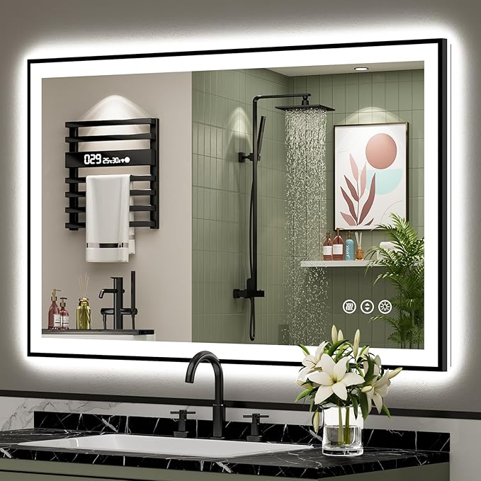48x32 Black Framed LED Bathroom Mirror with Lights, Backlit and Front Lit Anti-Fog Lighted Vanity Mirror for Bathroom Wall, 3 Colors, Dimmable, Memory, Shatter-Proof, HD Tempered Glass