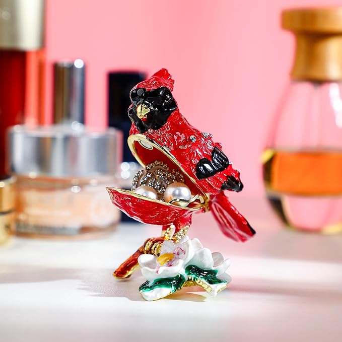 YU FENG 3.1inch Cardinal Bird on a Branch Trinket Box Animal Enamel Jewelry Trinket Box Small Hinged Trinket Boxes Bird Figurine Ring Box Christmas Gift for Daughter Girl