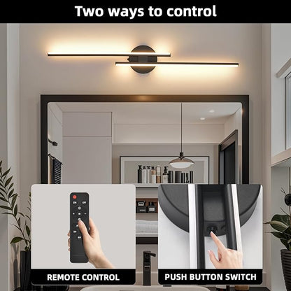 Rechargeable Battery Operated Wall Sconce Set Of Two, Black Wireless LED Wall Sconces With Remote Control, Dimmable 3 Colors Cordless wall lights for Living Room, bedroom, Hallway, 31.4 Inch ( 2pcs)