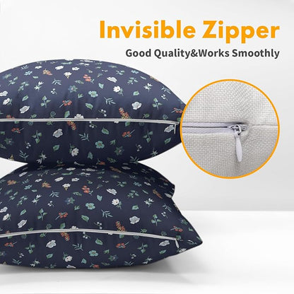 Vitage Floral Pillow Covers 16x16 Set of 2 Navy Green Spring Flower Leaf Pattern Rustic Decorative Outdoor Farmhouse Zipper Boho Pillowcases Decorations Throw Cushion Cover Decor for Couch Sofa Bed