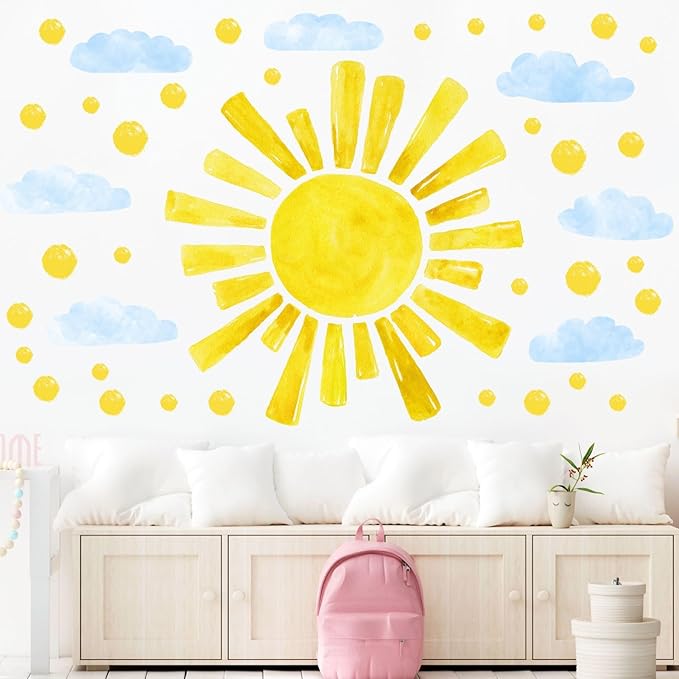 Large Sun Wall Decals Cloud Polka Dots Wall Stickers for Girls Room, 12 Sheets Watercolor Sun Wall Decor Stickers Cute Cloud Wallpaper Delicate Decorations for Kids Room Bedroom