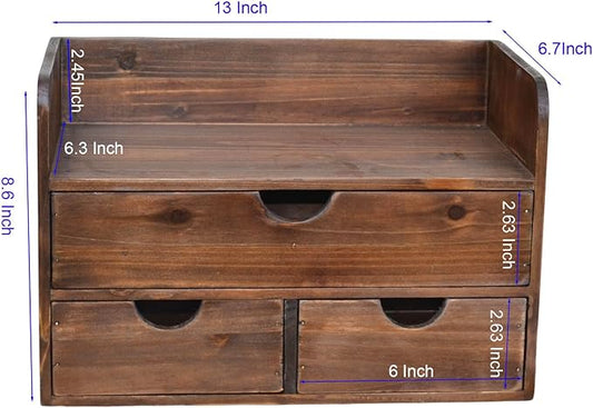 Vintage Rustic Brown Wooden 3 Drawer with Shelf Office Desk Organizer & Mail Rack For Desktop,Box for Office Home Toiletries Supplies Vanity, No Assembly Required (Brown)