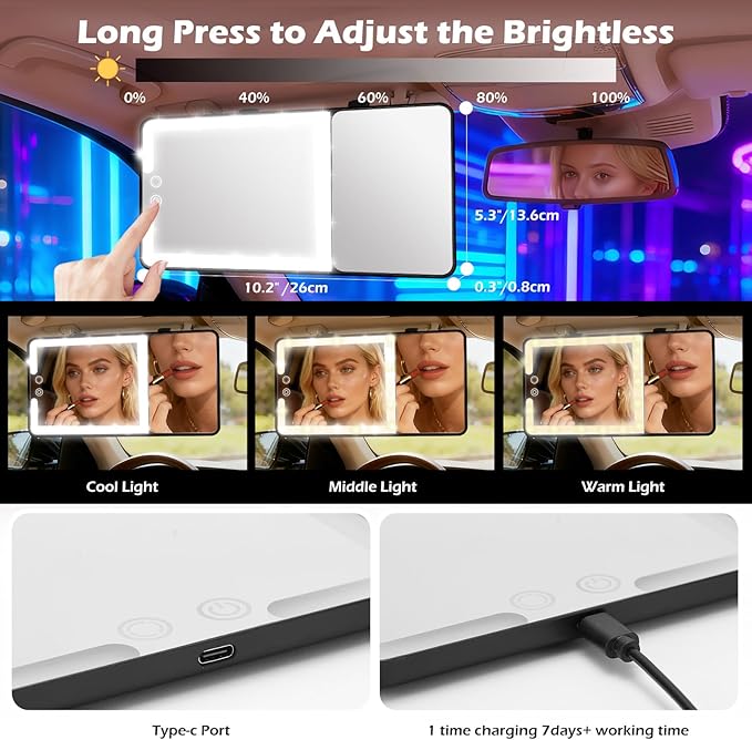Large 2-in-1 Led Car Vanity Mirror with 20X Strong Magnification,10" Sun Visor Mirror with 3-Color Dimmable Rechargeable LED Lights,Car Makeup Mirrors with Secure Reinforced Flexible Mount
